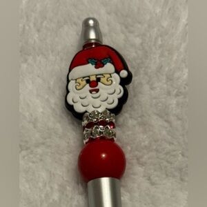 P305 - Santa Christmas Beaded Refillable Pen Satin Matte Silver, Red, Crystals